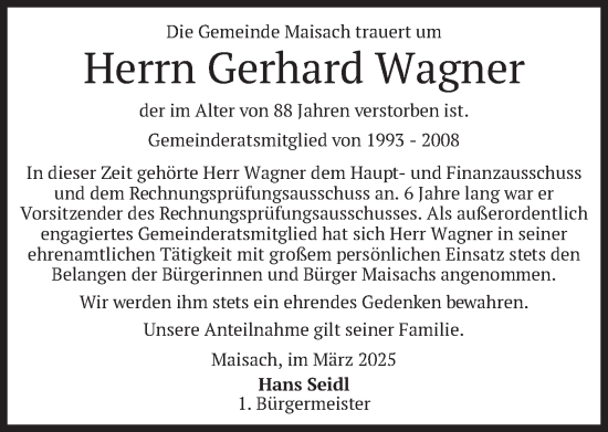 Traueranzeige von Gerhard Wagner von merkurtz