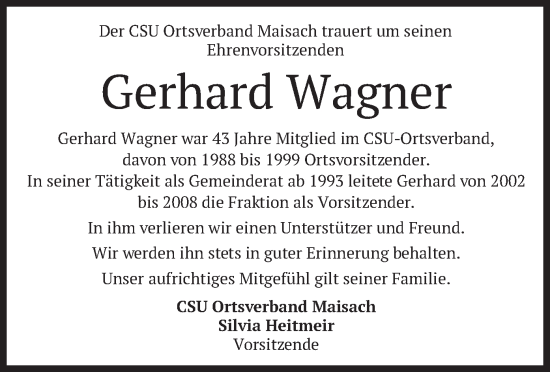 Traueranzeige von Gerhard Wagner von merkurtz