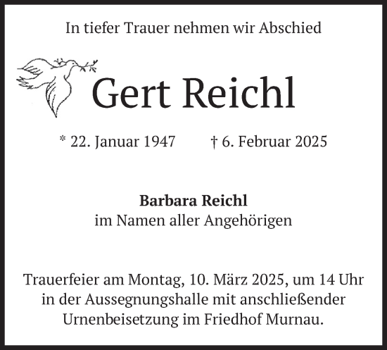Traueranzeige von Gert Reichl von merkurtz