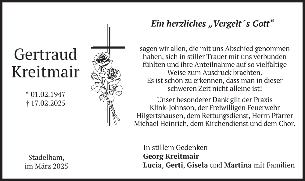  Traueranzeige für Gertraud Kreitmair vom 01.03.2025 aus merkurtz