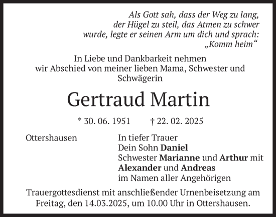 Traueranzeige von Gertraud Martin von merkurtz
