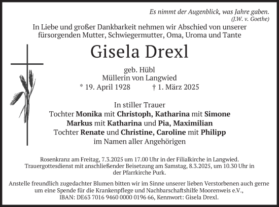 Traueranzeige von Gisela Drexl von merkurtz