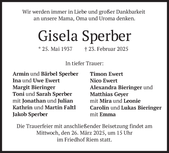 Traueranzeige von Gisela Sperber von merkurtz