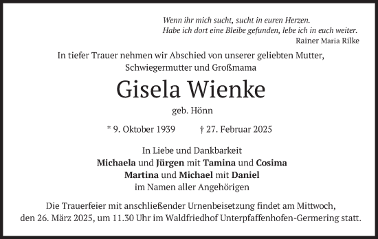 Traueranzeige von Gisela Wienke von merkurtz