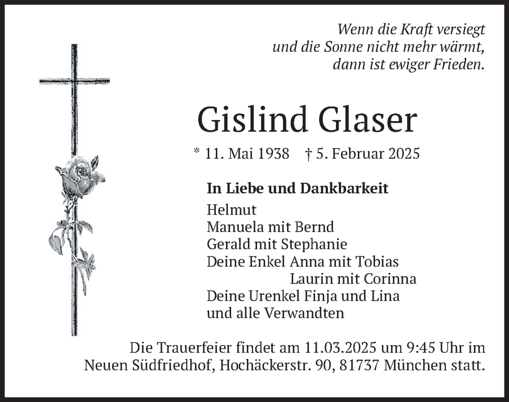  Traueranzeige für Gislind Glaser vom 01.03.2025 aus merkurtz