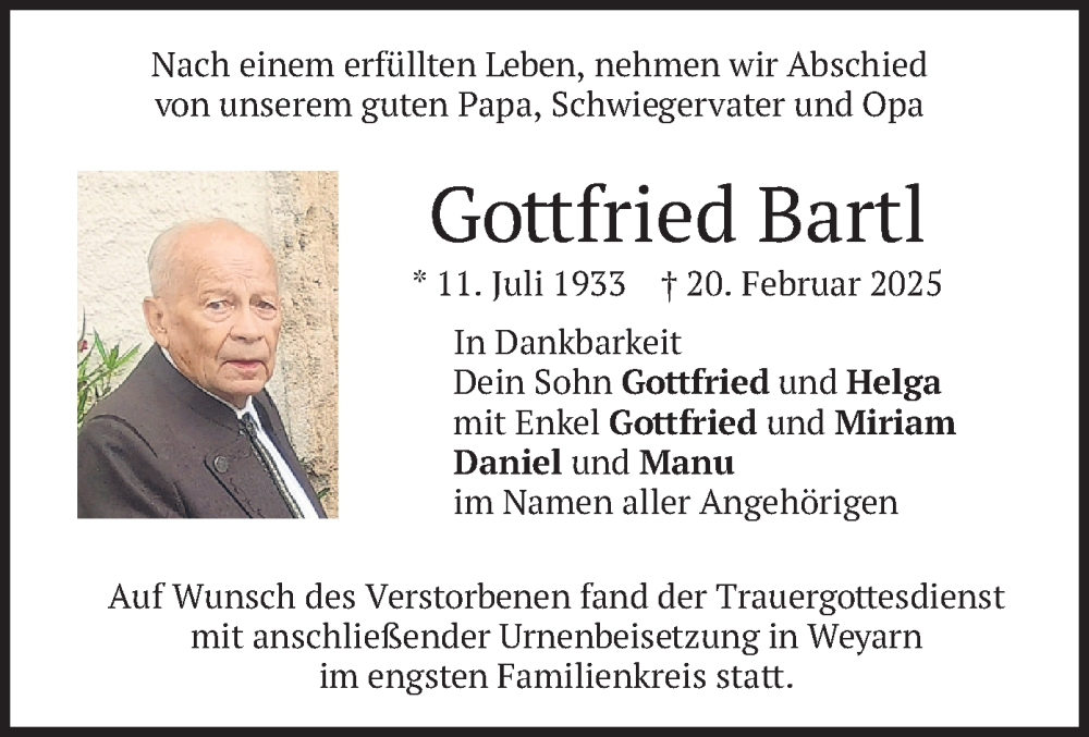  Traueranzeige für Gottfried Bartl vom 08.03.2025 aus merkurtz