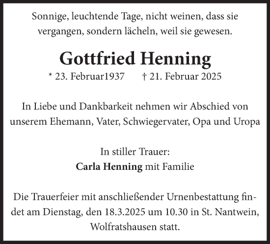 Traueranzeige von Gottfried Henning von merkurtz