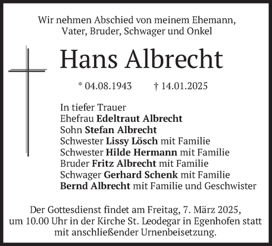 Traueranzeige von Hans Albrecht von merkurtz