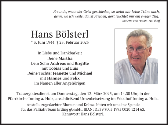 Traueranzeige von Hans Bölsterl von merkurtz