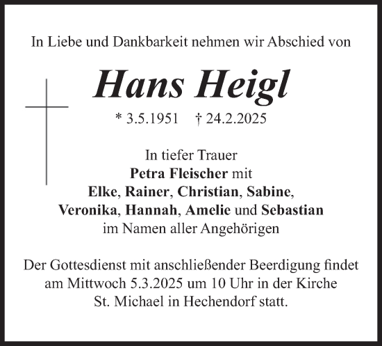 Traueranzeige von Hans Heigl von merkurtz