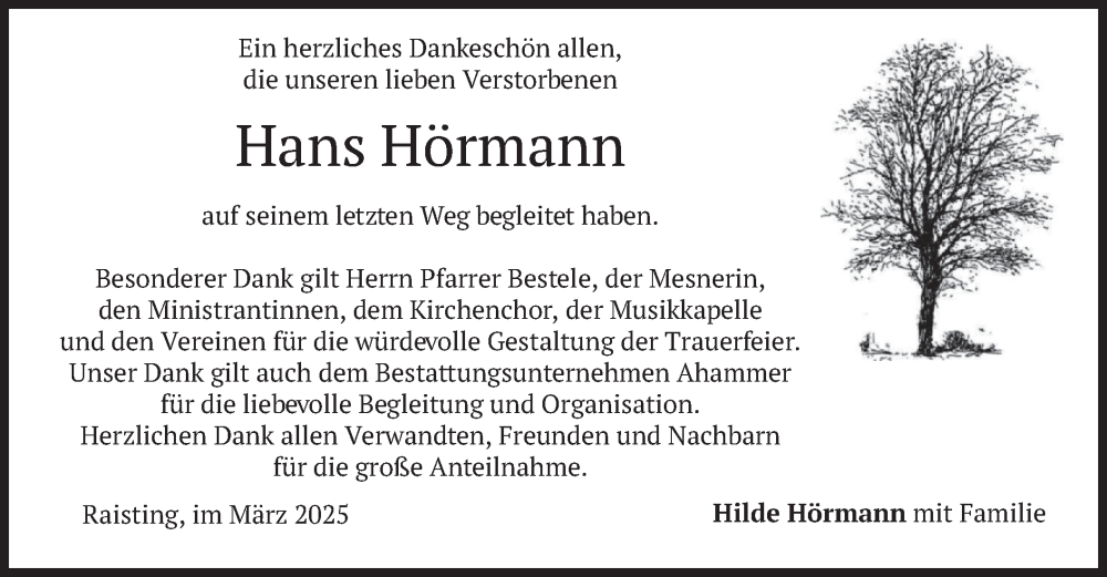  Traueranzeige für Hans Hörmann vom 08.03.2025 aus merkurtz