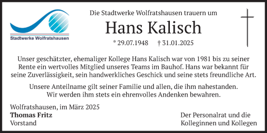 Traueranzeige von Hans Kalisch von merkurtz