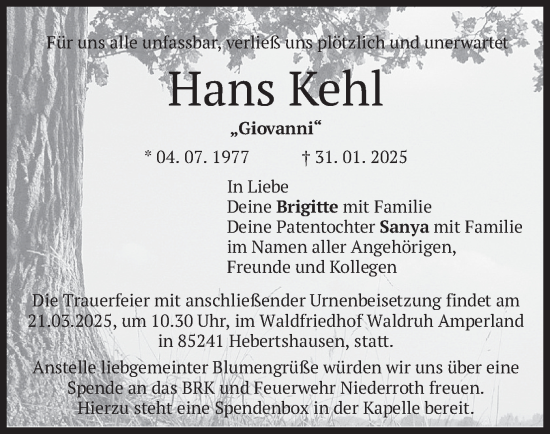 Traueranzeige von Hans Kehl von merkurtz