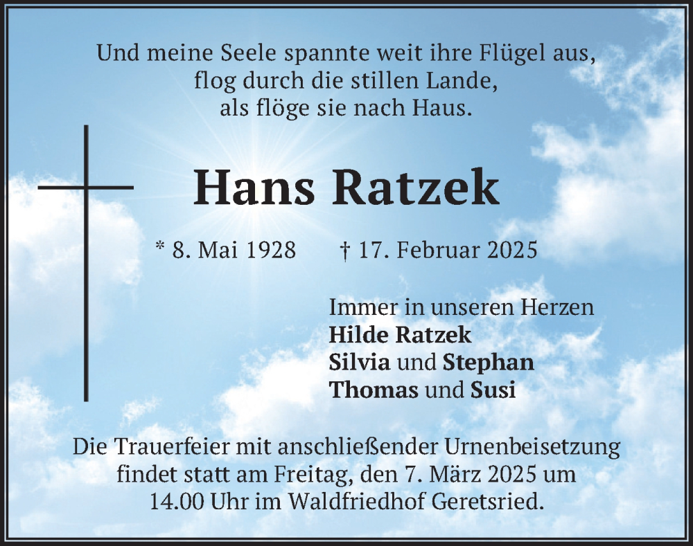  Traueranzeige für Hans Ratzek vom 01.03.2025 aus merkurtz