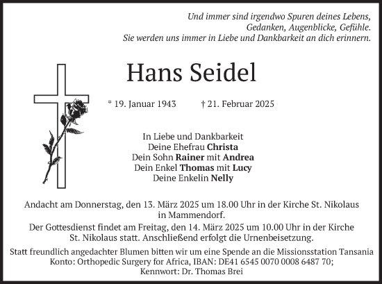 Traueranzeige von Hans Seidel von merkurtz