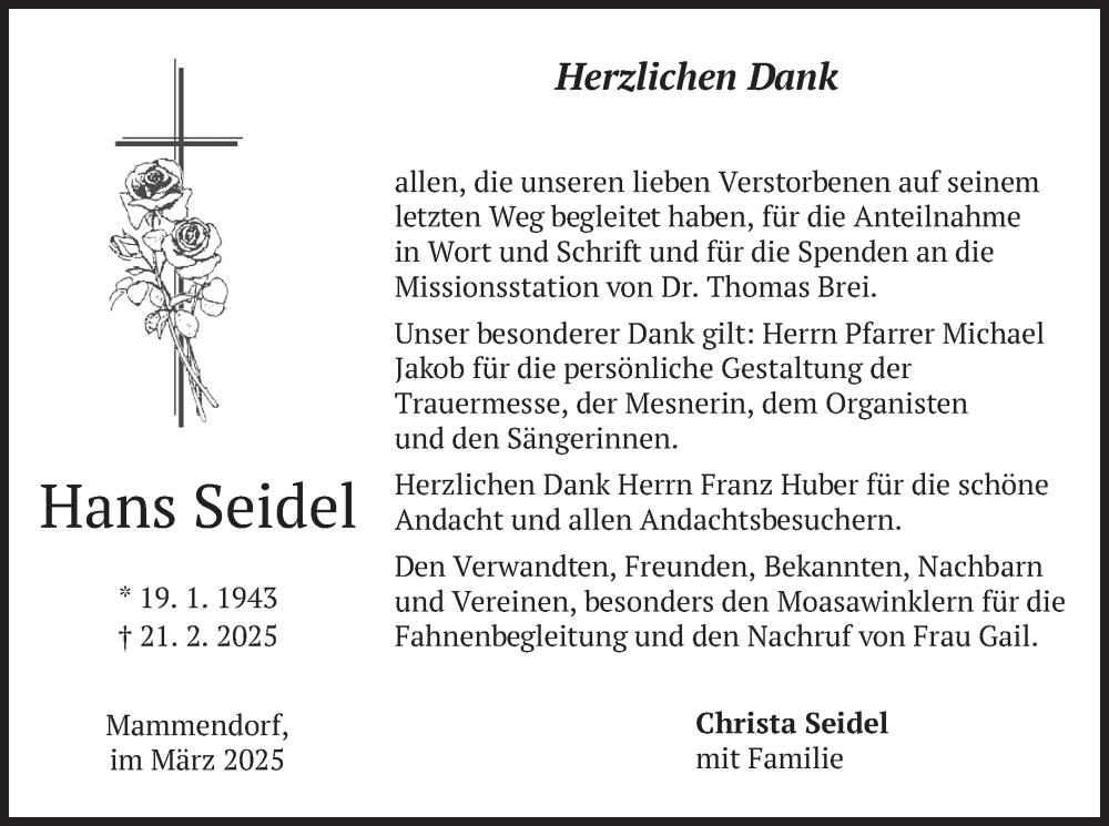  Traueranzeige für Hans Seidel vom 22.03.2025 aus merkurtz
