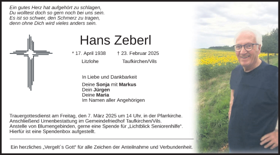 Traueranzeige von Hans Zeberl von merkurtz