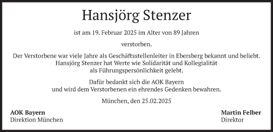 Traueranzeige von Hansjörg Stenzer von merkurtz