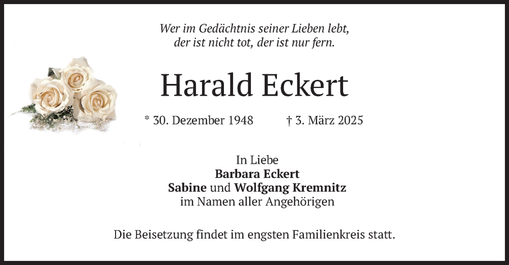  Traueranzeige für Harald Eckert vom 08.03.2025 aus merkurtz