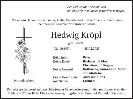 Traueranzeige von Hedwig Kröpl von merkurtz