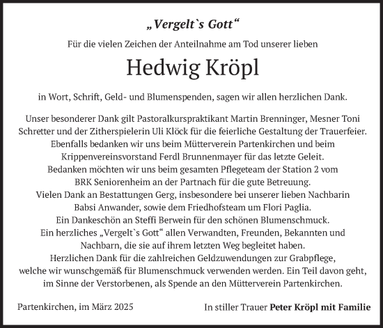 Traueranzeige von Hedwig Kröpl von merkurtz
