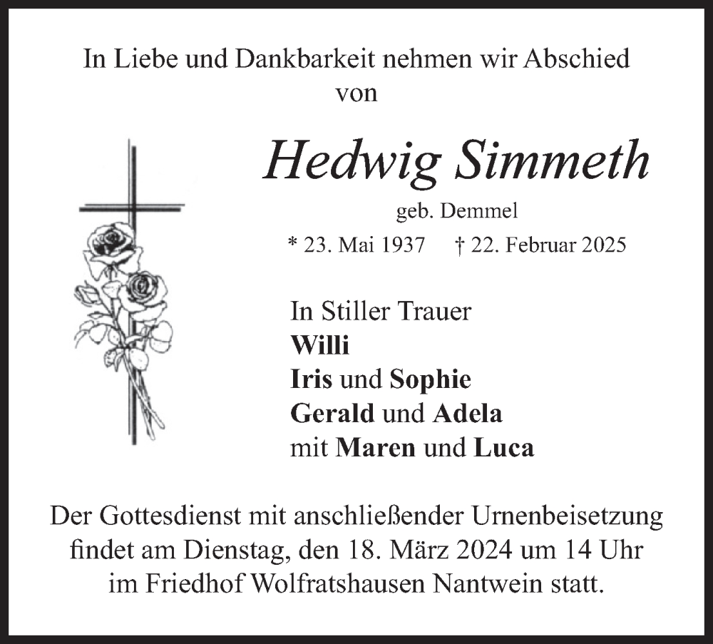  Traueranzeige für Hedwig Simmeth vom 15.03.2025 aus merkurtz