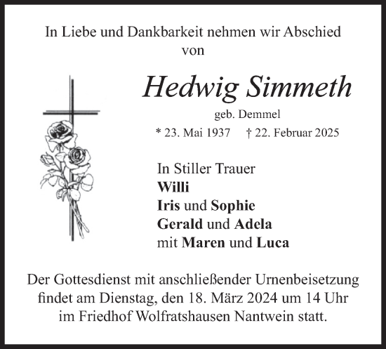 Traueranzeige von Hedwig Simmeth von merkurtz
