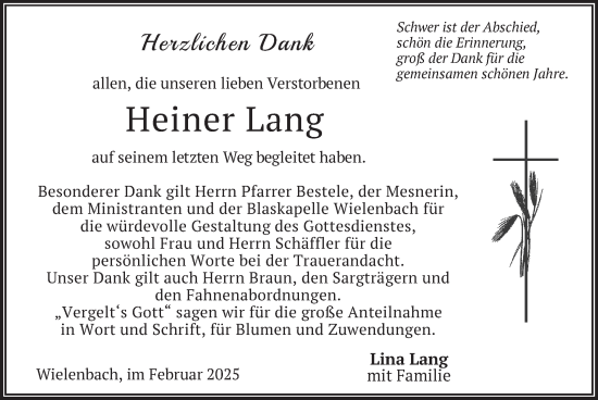 Traueranzeige von Heiner Lang von merkurtz