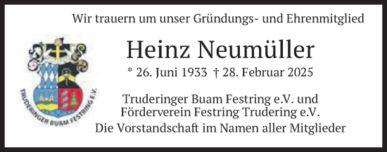 Traueranzeige von Heinz Neumüller von merkurtz