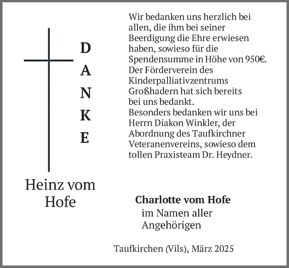  Traueranzeige für Heinz vom Hofe vom 28.03.2025 aus merkurtz