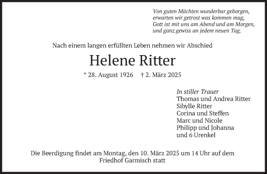 Traueranzeige von Helene Ritter von merkurtz