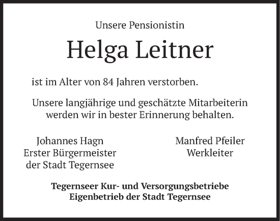 Traueranzeige von Helga Leitner von merkurtz