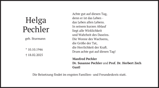 Traueranzeige von Helga Pechler von merkurtz
