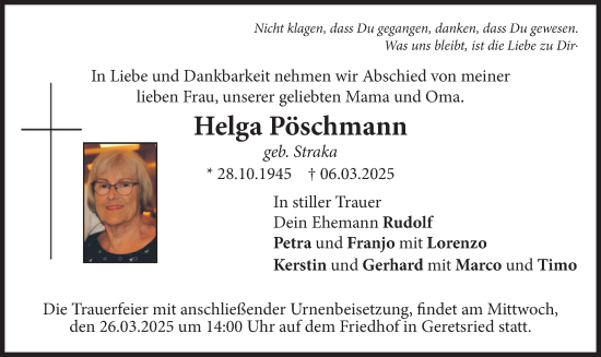 Traueranzeige von Helga Pöschmann von merkurtz