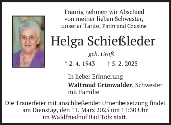 Traueranzeige von Helga Schießleder von merkurtz