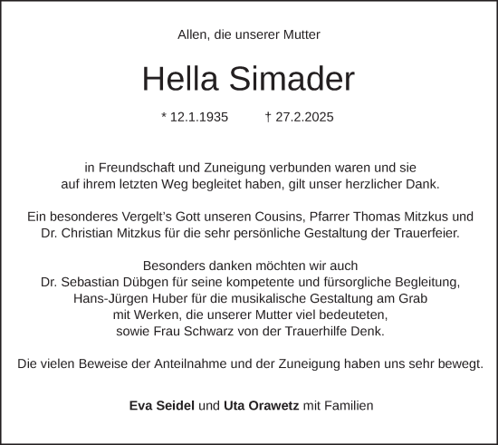 Traueranzeige von Hella Simader von merkurtz