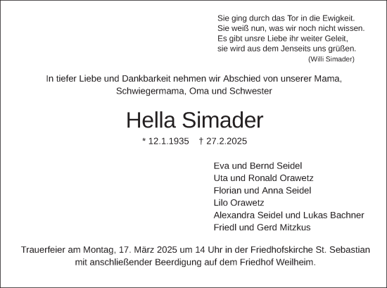 Traueranzeige von Hella Simader von merkurtz