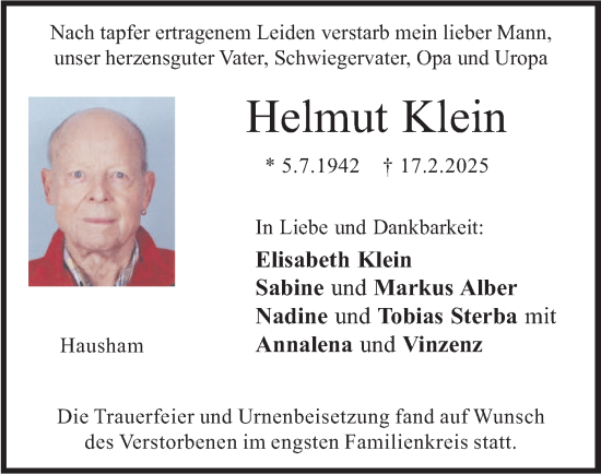 Traueranzeige von Helmut Klein von merkurtz