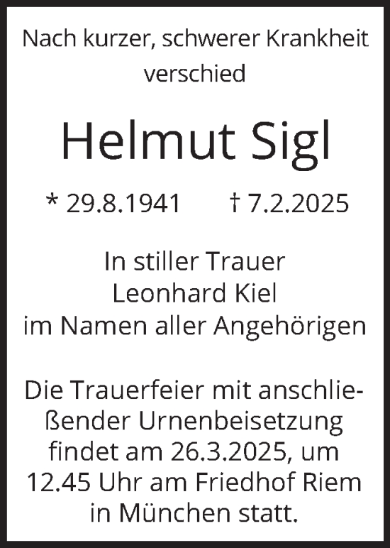 Traueranzeige von Helmut Sigl von merkurtz