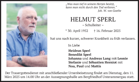 Traueranzeige von Helmut Sperl von merkurtz