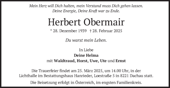 Traueranzeige von Herbert Obermair von merkurtz