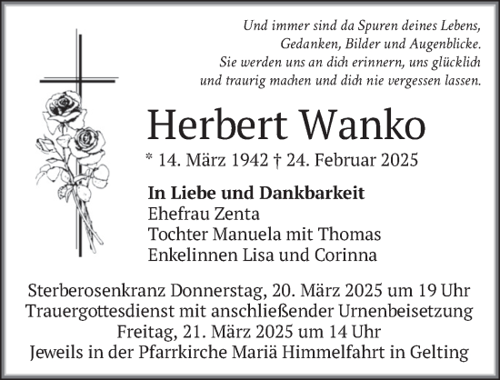 Traueranzeige von Herbert Wanko von merkurtz