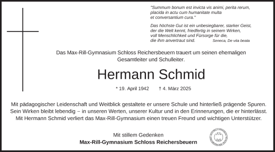 Traueranzeige von Hermann Schmid von merkurtz