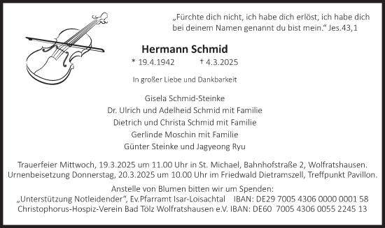 Traueranzeige von Hermann Schmid von merkurtz