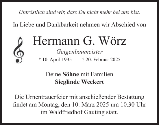 Traueranzeige von Hermann G. Wörz von merkurtz