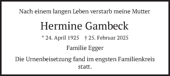 Traueranzeige von Hermine Gambeck von merkurtz