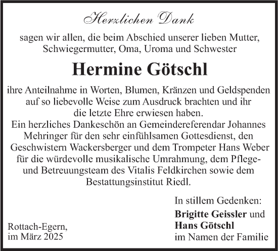 Traueranzeige von Hermine Götschl von merkurtz