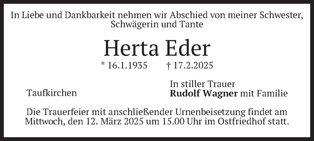  Traueranzeige für Herta Eder vom 01.03.2025 aus merkurtz