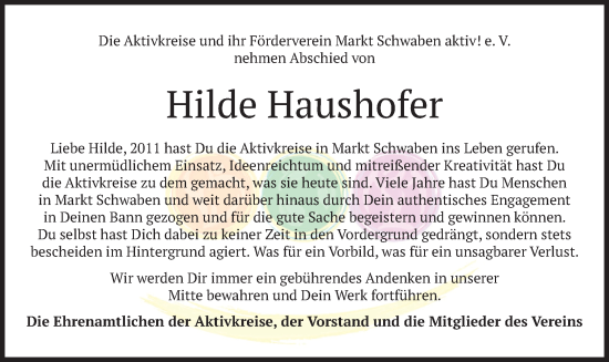 Traueranzeige von Hilde Haushofer von merkurtz