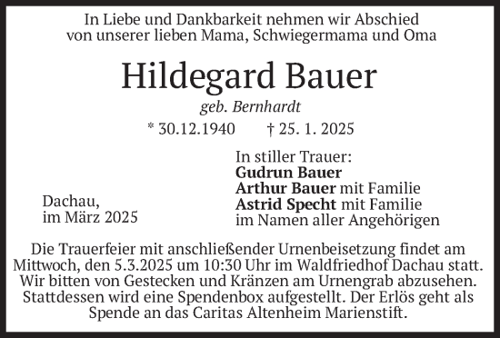 Traueranzeige von Hildegard Bauer von merkurtz